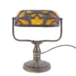 A reproduction bronze and amber glass desk lamp, height 30cm Perfect condition