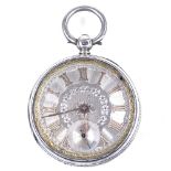 A 19th century silver cased open-face key-wind pocket watch, silvered floral dial with applied