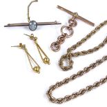Various gold jewellery, including 9ct rose gold T-Bar, pair of unmarked earrings, etc., 26.1g