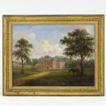 19th century oil on canvas, view towards a country house, signed with monogram PH?, 10" x 13",