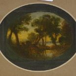 19th century miniature oval oil on board, wooded landscape, unsigned, 3.5" x 4.5", framed