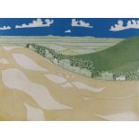 John Brunsdon, coloured etching, Cotswold view from Cleeve Hill, signed and dated 1975, no. 46/