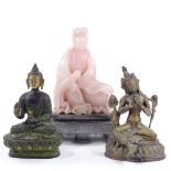 2 Oriental bronze deities, and a carved pink soapstone Buddha on stone plinth (3)
