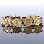 An 18ct gold Chinese panel bracelet, panels with applied character marks, maker's marks TC, bracelet