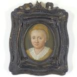 19th century oil on panel, miniature portrait of a woman, unsigned, panel size 4" x 3", original