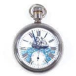 ELGIN - a nickel-plated open-face top-wind pocket watch, white dial with painted ship scene, Roman