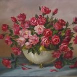 R Roberts, oil on canvas, still life roses, signed, 24" x 32", framed Very good condition