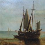19th century English School, pair of oils on canvas, fishing boats on an estuary, unsigned, 18" x