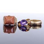 3 x 9ct gold rings, comprising a wedding band (size T), amethyst dress ring (size Q) and a goldstone