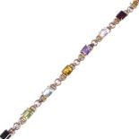 An unmarked gold gem-set line bracelet, gems include amethyst, citrine etc, bracelet length 18cm,