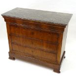 A 19th century French walnut chest of drawers, with black marble top, frieze drawer, and 3 drawers