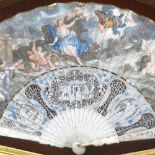 A fine quality early 19th century French carved and pierced ivory fan, with hand painted watercolour