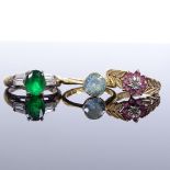 3 various rings, comprising an 18ct blue topaz ring, setting height 8.3mm, size N, a 9ct gold ruby