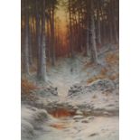 Joseph Farquharson, colour print, winter woodland scene, signed in pencil, image 28" x 19", framed