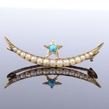 A Victorian unmarked gold turquoise and split-pearl crescent moon and star brooch, brooch length