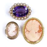 A Victorian unmarked gold amethyst and pearl cluster brooch, and 2 relief carved cameo pendants/