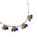 An 18ct gold coloured enamel heart-drop collar necklace, by Fabor, necklace length 39cm, 14.1g