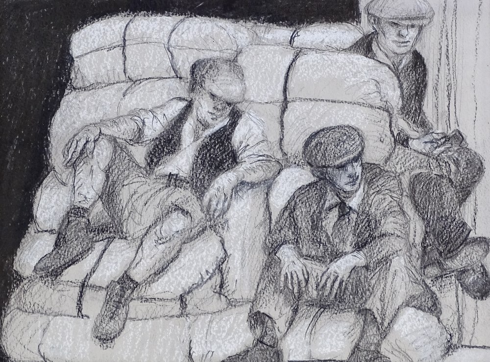 Charcoal/chalk drawing, Extras on Foyles War Dublin 2012, indistinctly signed verso, 10" x 13.5",