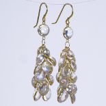 A pair of 14ct gold cabochon moonstone cluster grape earrings, shepherd hook fittings, earring