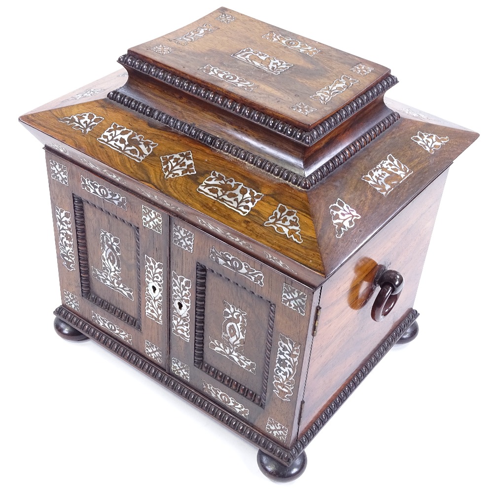 An early 19th century rosewood and mother-of-pearl marquetry inlaid sewing cabinet, the lid having a - Image 3 of 8