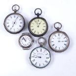 4 Continental silver cased fob watches, and a silver cased wristwatch head, (5) Only Excelsior and