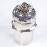 An American Arts and Crafts silver octagonal sugar caster, with textured leaf lid, height 13cm, 6.