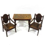 A 19th century Russian polychrome painted child's table and 2 matching chairs, table top 27" x 17"