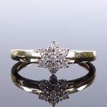 A 9ct gold diamond cluster snowflake ring, total diamond content approx 0.15ct, maker's marks CR,
