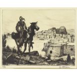 Early 20th century American School, etching, Native American on horseback, indistinctly signed in