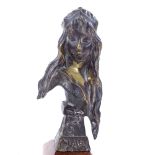 E Villanis, patinated bronze bust of Carmela, on wood plinth, height 25cm Patination rubbed on the