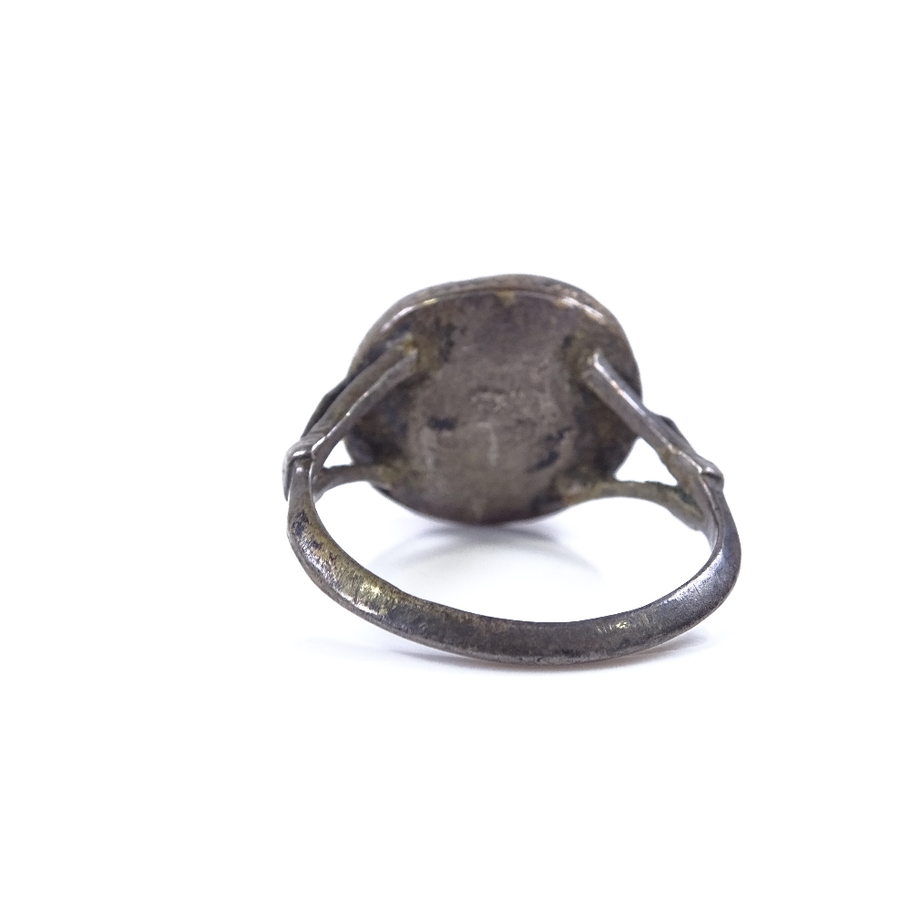 A Medieval style white metal intaglio seal ring, dated 1832, setting height 13.4mm, size N, 3g - Image 4 of 4