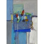 Kennerley, acrylic on board, abstract table still life, signed, 13" x 9", framed Very good