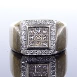 An 18ct white gold diamond cluster panel signet ring, set with princess and round-cut diamonds,