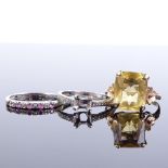 3 x 9ct gold stone set rings, including citrine, pink sapphire and diamond, and an empty CZ setting,