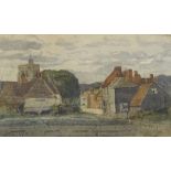 Follower of Wilfred Ball, watercolour, Sussex village, unsigned, 5.5" x 14", framed Slight paper