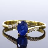 A 14ct gold sapphire and diamond dress ring, oval-cut sapphire approx 0.55ct, setting height 5.
