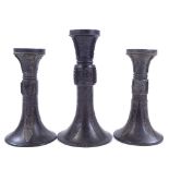 3 Chinese patinated bronze trumpet-shaped Gu vases, with relief moulded decoration, largest height