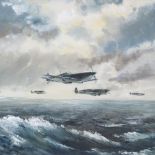 Percival Norman, watercolour/gouache, Squadron of RAF Hurricanes over the sea, signed with