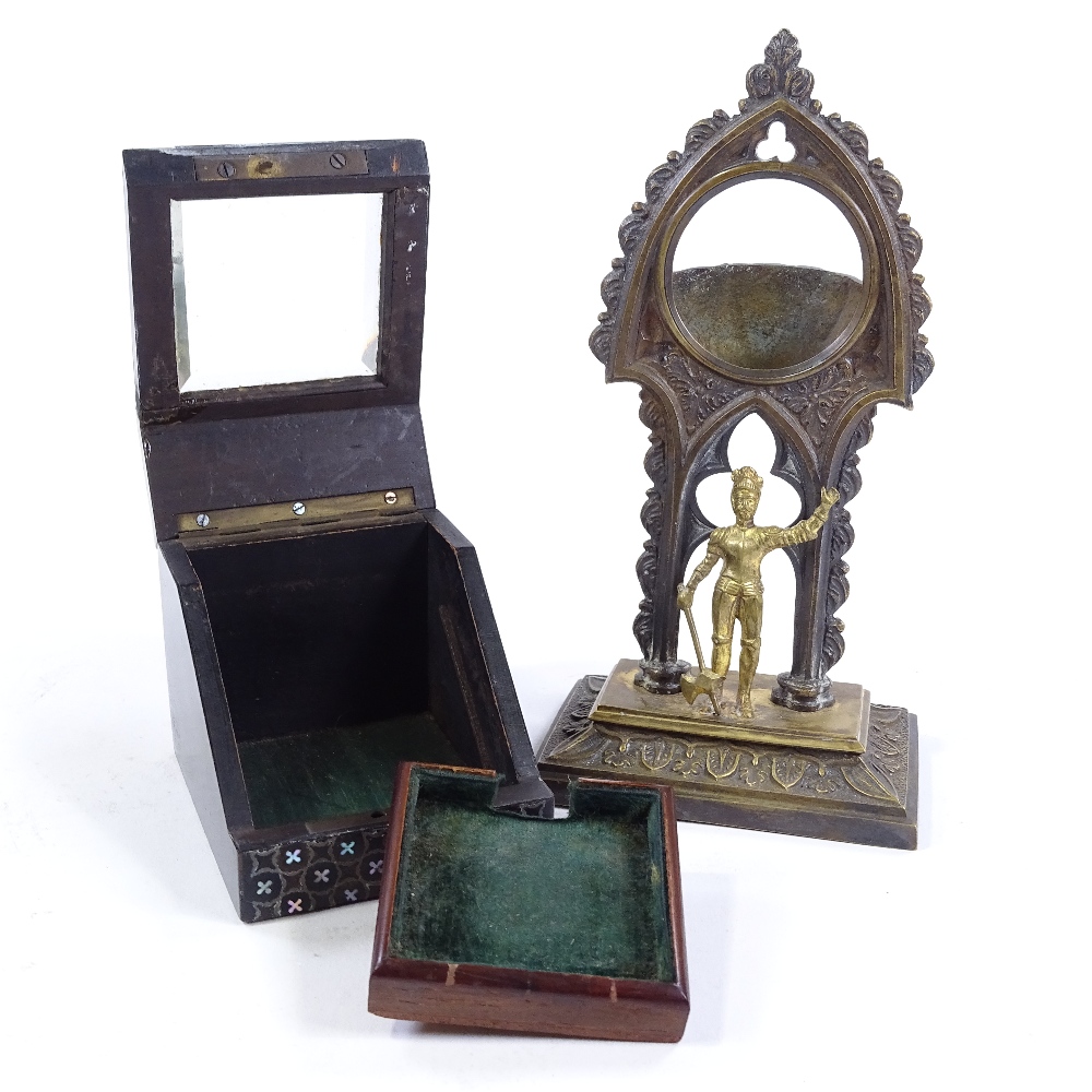 2 19th century pocket watch stands, comprising a parcel gilt-bronze stand surmounted by a knight - Image 2 of 3