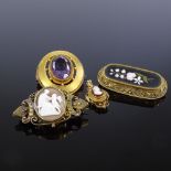 Various brooches, including Pietra Dura, cameo and amethyst, in gilt metal frames, 32.2g total, (