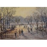 Alfred Nutt, miniature watercolour, sunset landscape 1891, 2.5" x 5", and 1 other watercolour by the