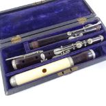 A rosewood and ivory 3-section flute with nickel-plate mounts, early 20th century, no maker's