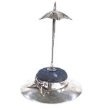 An Edwardian novelty silver hat pin pin cushion, in the form of a hat and umbrella, by S Blanckensee