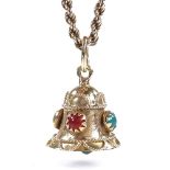 A 9ct gold gem-set bell pendant necklace, on 9ct ropetwist chain, pendant height 18.3mm, chain