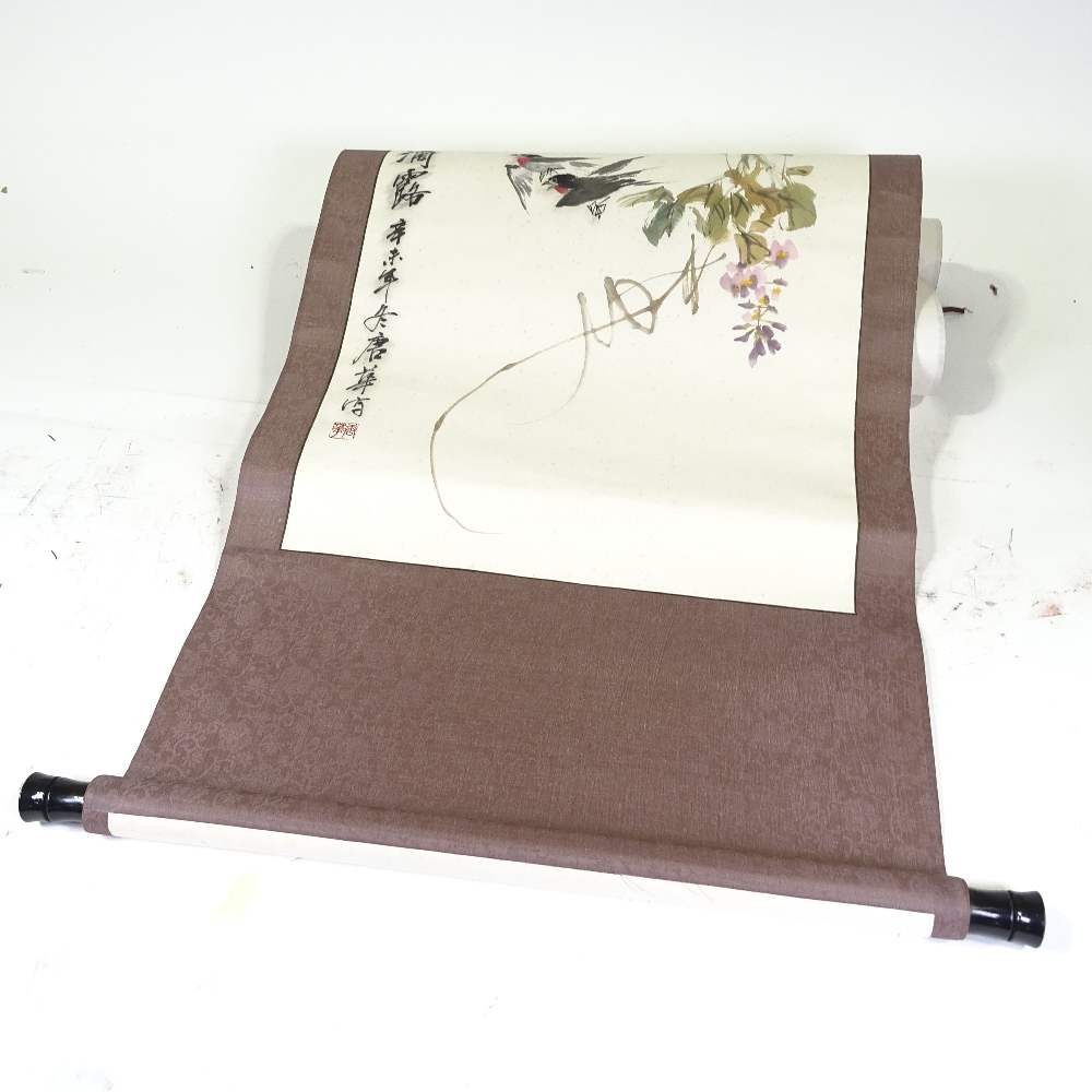 20th century Chinese School, ink and watercolour scroll painting with text and seal, 21" x 62" - Image 3 of 4