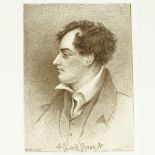 George Henry Harlow (1787 - 1819), rare proof etching, portrait of Lord Byron, image 4.5" x 3.5",