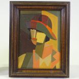 Oil on board, cubist style portrait, unsigned, 13" x 9", framed Very good condition