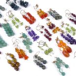 Various 9ct gold stone set drop earrings, including jade, tiger's eye, turquoise etc Lot sold as