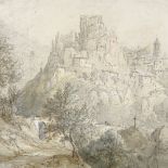 19th century English School, watercolour and sepia/grey wash, distant view of a mountain village,