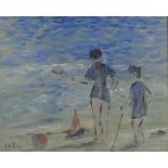 Sinclair, oil on board, children at the beach, indistinctly signed, 15" x 18", framed Very good